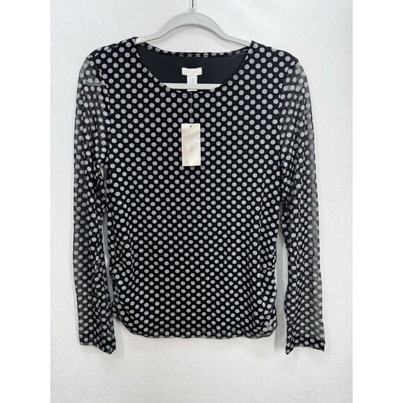 Chicos Polka Dot Lined Raye Top Size 1 (M/8) Black Mesh Sleeves Ruched Sides NEW - Picture 1 of 10